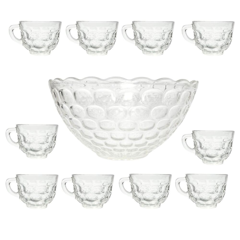1960s Vintage 11-Piece Glass Punch Bowl Set, 10 Cups 6oz, Thumbprint Design